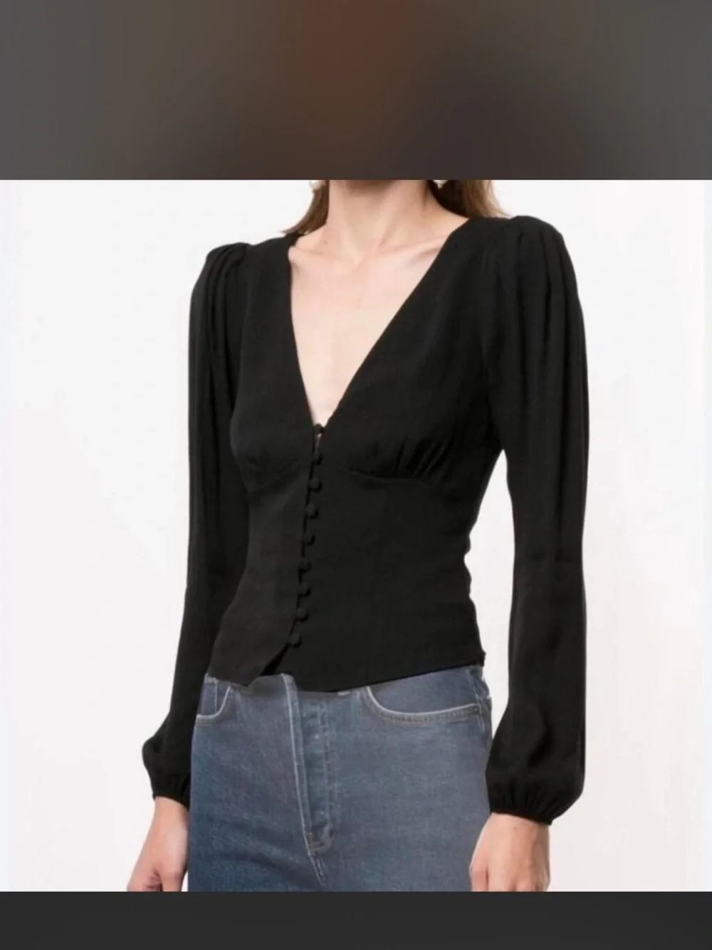 Reformation Black V-Neck Button Front Long Sleeve Top